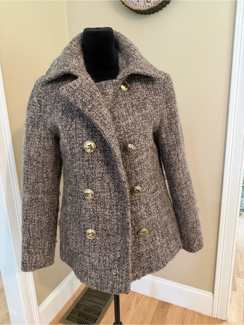 Calvin Klein Double-Breasted Wool Blend Coat - Greige textured knit